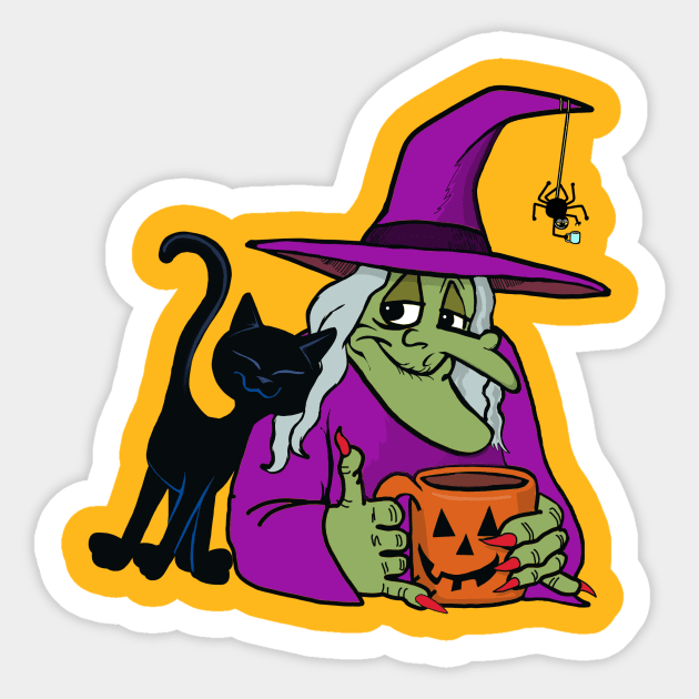 old witch with coffee and friends Sticker by wolfmanjaq